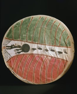 Hide shield cover painted with symbols which gave its owner spiritual protection