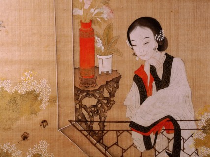 Painting of a woman on a balcony