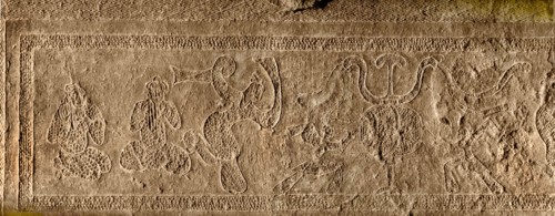 Brick from a tomb structure impressed with a design of players of pan pipes, a dancer and drummers