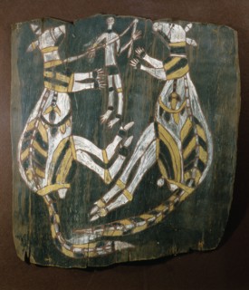 Aboriginal bark painting depicting a hunter with two kangeroos