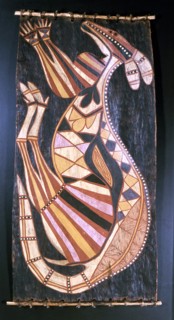Bark painting in X ray style depicting a kangaroo