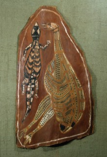 Aboriginal bark painting depicting a lizard and an emu