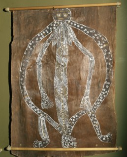 Bark painting depicting an exaggerated and distorted female figure