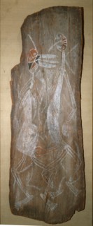 Aboriginal bark painting thought to date from the pre contact era, depicting two figures