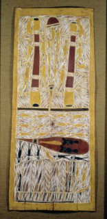 Aboriginal bark painting depicting an episode from clan ancestral mythology