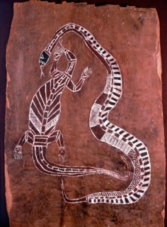 Aboriginal bark painting depicting a snake and a lizard