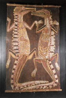 An aboriginal bark painting of two crocodiles which have either been dissected, revealing their lungs, heart and entrails, or which are depicted as shaman might see them, after he has consumed certain...
