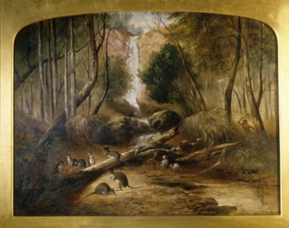 Bush landscape with waterfall and an aborigine stalking native animals, New South Wales by John Skinner Prout (1806 1876) Country of Origin: Australia