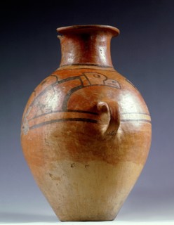 Jar for storing food or drink decorated with a painted depiction of a bird, possibly an eagle or condor