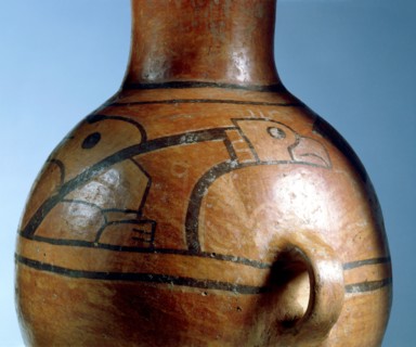 Jar for storing food or drink decorated with a painted depiction of a bird, possibly an eagle or condor