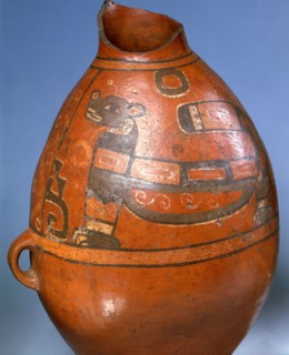 Jar for storing food or drink, decorated with a painted depiction of a puma