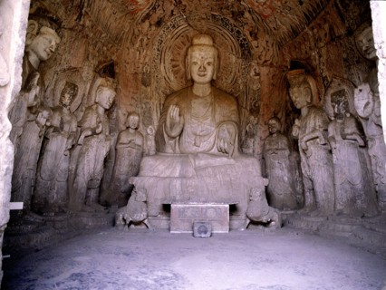 The Longmen cave temple complex which extends for about 1000m along the Yi River