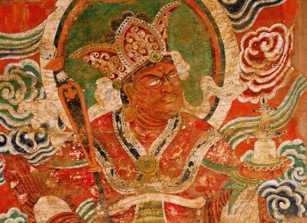 Painting (detail) of the Buddhist guardian king Vaisravana, a late Tang painting said to have come from the temples at Kucha, to the west of Turfan, along the northern route of the Silk Road
