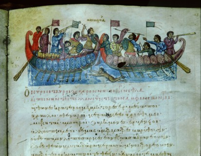 A detail from the Cynegetica of Pseudo Oppian, Venice (folio 24 r) The picture is of a naval battle in which the crews of two ships are about to meet in hand to hand combat