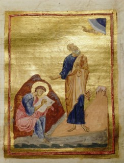 An illumination from a Byzantine manuscript depicting St John and Prochorus