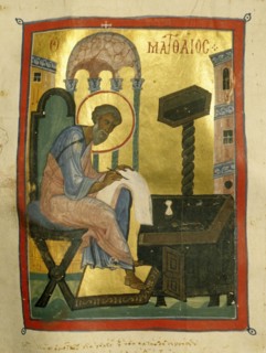 An illumination from a Byzantine manuscript depicting St Matthew seated at his writing desk