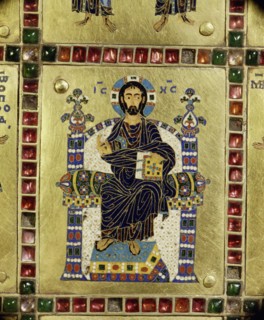 A detail of the outer container of a reliquary of the True Cross, one of the richest and most elaborate ensembles of Byzantine enamels to have survived the sack of Constantinople in 1204