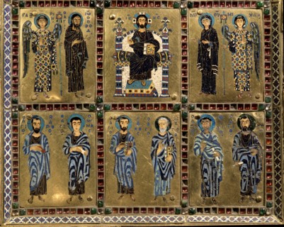 A detail of the centre and bottom row of enamels at the centre of the outer container of a reliquary of the True Cross, one of the richest and most elaborate ensembles of Byzantine enamels to have sur...