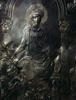 A detail of the Missorium of Theodosius showing Theodosius enthroned