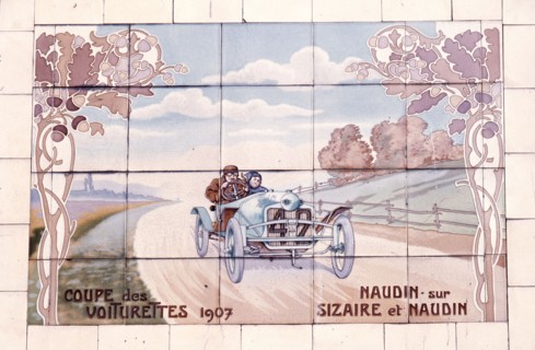 Decorative tile of famous racing car of the time which used Michelin tyres