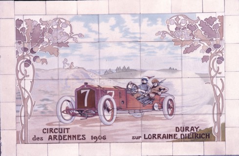 Decorative tile of famous racing car of the time which used Michelin tyres
