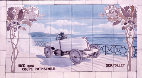 Decorative tile of famous racing car of the time which used Michelin tyres