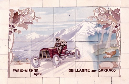 Decorative tile of famous racing car of the time which used Michelin tyres