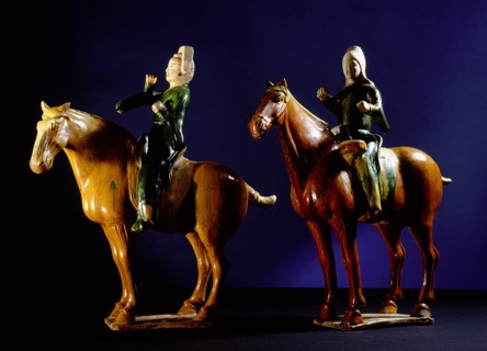 Tomb figures of a drummer and a trumpeter, both mounted on horses
