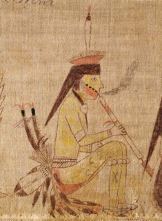 A cloth painting depicting a parade, a Sun Dance ceremony and scenes from daily life