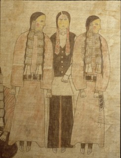 A cloth painting depicting a parade, a Sun Dance ceremony and scenes from daily life