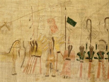A cloth painting depicting a parade, a Sun Dance ceremony and scenes from daily life