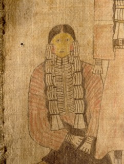 A cloth painting depicting a parade, a Sun Dance ceremony and scenes from daily life