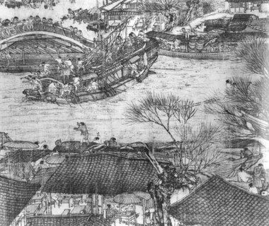 A detail of the scroll called Going Up the River at the Qingming (Spring) Festival by Zhang Zeduan, which shows scenes of town and country life possibly in the old capital of Kaifeng
