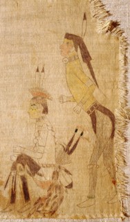 A cloth painting depicting a parade, a Sun Dance ceremony and scenes from daily life