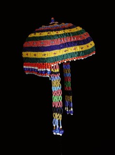 Beaded dance headdress worn by Alaskan eskimo women in the C19th, illustrating the wealth amassed from trade as contacts with Europeans increased