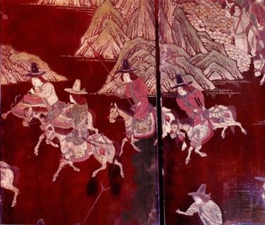 Detail of a lacquer screen which depicts the exploits of the Portuguese in China