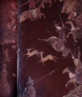 Detail of a lacquer screen which depicts the exploits of the Portuguese in China