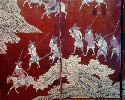 Detail of a lacquer screen which depicts the exploits of the Portuguese in China