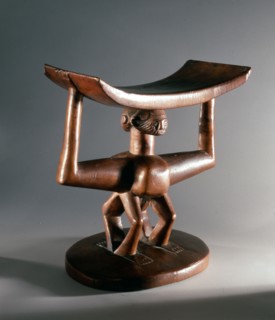 Wooden Mbala headrest with janiform caryatid figure support