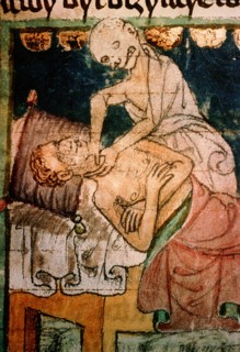 Death strangling a victim of the Black Death plague