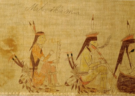 A cloth painting depicting a parade, a Sun Dance ceremony and scenes from daily life