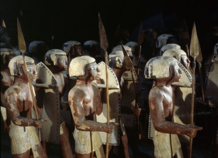 Wooden model of a troop of forty Egyptian soldiers carrying shields and lances