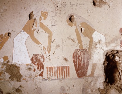 A painting detail in the tomb of Senet showing bread making