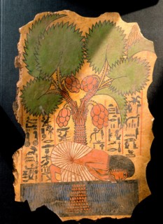 The tomb owner, Iry Nufer kneels beneath a date palm to drink from a pool