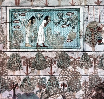 A detail of a tomb wall painting showing a garden and ornamental pool with fish
