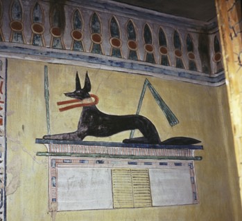 A detail of a wall painting in the tomb of Khaemwaset, a son of Ramses II depicting Anubis, the jackal headed god of mummification