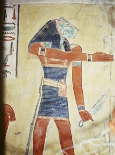 A detail of a wall painting in the tomb of Khaemwaset, a son of Ramses II depicting a lion headed spirit or divine being