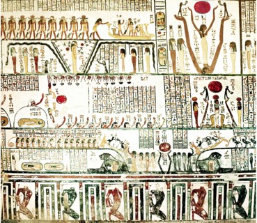 A detail of the painting of the 6th section of the Book of Caverns on the wall of the sarcophagus hall of the tomb of Ramses VI