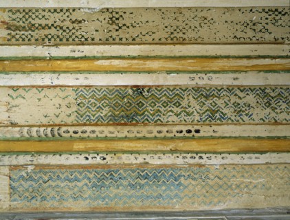 An uninscribed false door in the tomb of the vizier Ptah hotep at Saqqara painted with a decorative mat pattern
