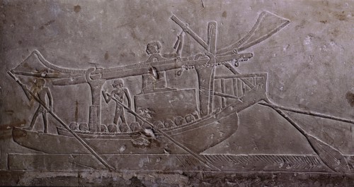 A limestone relief from the tomb of Ipi depicting a boat with its sail furled and carrying a huge block of stone